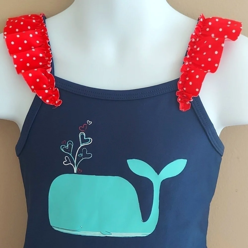 Cat & Jack 1pc swimsuit ruffle tutu polka dot - red blue whale - size 3T